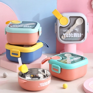 Insulated stainless steel kids lunch box set with portable handle and spoon in pastel colors