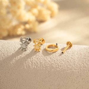 Titanium fishbone moon flat back ear stud jewelry with cubic zirconia in gold and silver