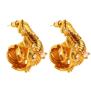 Elegant gold feather stud earrings with cubic zirconia stones in a curved wrap design