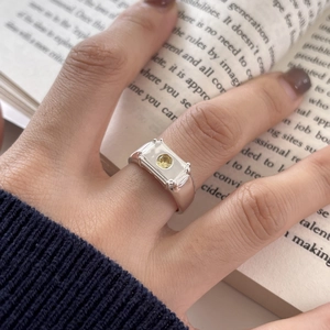 925 Sterling Silver Ring With Yellow Gemstone Rectangular Textured Adjustable Finger Jewelry For Women Vintage Style