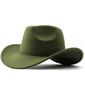 Army green wide brim wool felt cowboy hat with structured crown for men and women