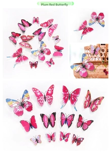 Macro detail of 3D plum red PVC butterfly wall stickers with realistic wings and patterns