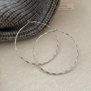 Detailed view of silver hoop earrings with irregular hammered texture on beige fabric