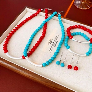 Retro Ethnic Jewelry Set Artificial Turquoise Red Beaded Necklace Bracelet Earrings Bohemian Alloy Curved Tube For Women