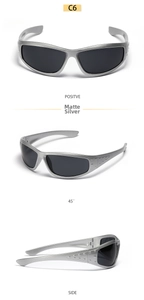 Macro view showing matte silver Y2K sunglasses frames from front and side angles