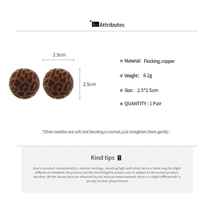 Detailed view of red leopard print flocking ball earrings with dimensions and specifications