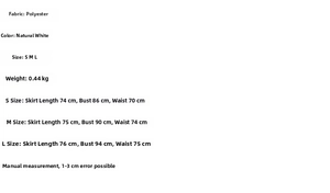 Detailed size chart for the white square neck mini dress with bodice and fit measurements