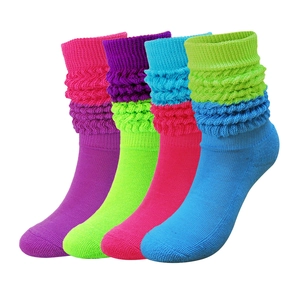 Four pairs of colorful cotton slouch socks with retro knit patterns and contrast stitching