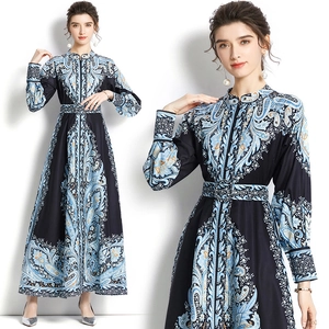Vestito Maxi Da Donna Con Stampa Paisley Manica Lunga Collo Alto Con Cintura Elegante Vestibilità Slim Retro Etnico