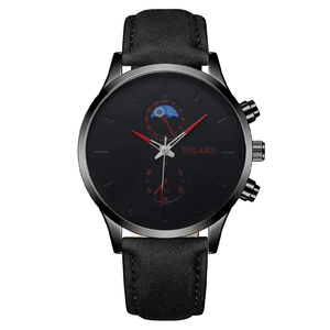 Fashionable black quartz watch for men featuring a moon design dial and red leather strap