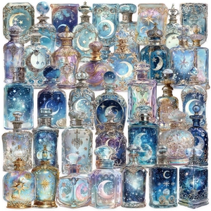 Creative moon phase and galaxy PET stickers featuring celestial bottles for DIY journaling
