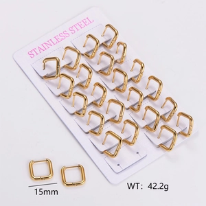 Bulk set of 15mm gold stainless steel geometric hoop earrings on display card