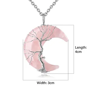 Pink crystal tree of life moon pendant necklace with silver wire wrap measuring 4cm by 3cm