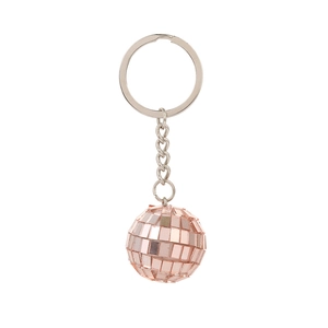 Pink mirror disco ball keychain with silver metal chain on a white background