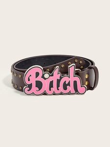 Close-up of brown leather punk belt with metal studs and a pink Bitch buckle