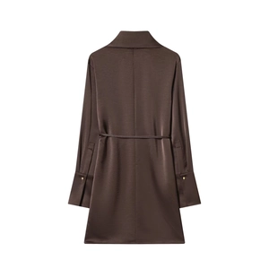 Deep brown long sleeve silk texture scarf dress featuring waist belt and metal buttons