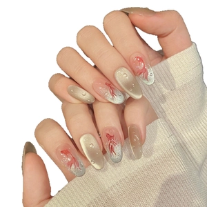 Elegant Chinese style press-on nails with silver cat-eye finish and red koi fish patterns