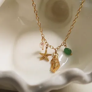 Stainless Steel Ocean Starfish Conch Shell Pendant Necklace For Women With Artificial Pearl And Green Gemstone Gold Plated Boho Jewelry
