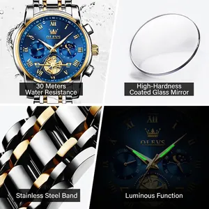 Luminous waterproof business watch for men with blue dial and gold steel strap