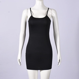 Detail shot of black slim fit mini dress with delicate spaghetti straps on a mannequin