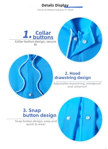 Detail view of blue EVA raincoat with adjustable drawstring hood and durable snap buttons