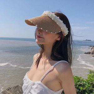 Women Sun Visor Hat Straw Braided With Artificial Pearl Decoration Wide Brim Summer Beach Sunshade Handwoven Fashion Elegant