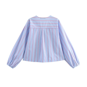 Blue and red striped poplin shirt with bow detail and relaxed drop-shoulder fit