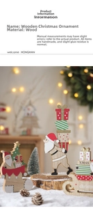 Macro view of handmade wooden Christmas ornaments with Santa, tree and glitter details