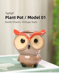 Macro detail of cartoon owl ceramic flower pot in brown with glossy finish for succulents