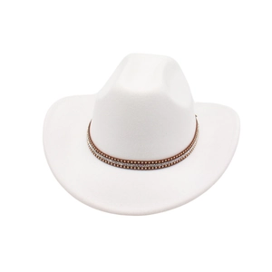Classic white felt western cowboy hat with studded brown band and rhinestone details