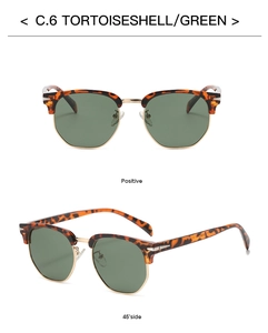 Detail of retro tortoiseshell semi-rimless polarized sunglasses with dark green lenses