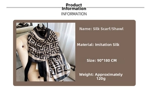 Detail specifications for faux silk scarf with geometric pattern, size 90x180cm and 120g