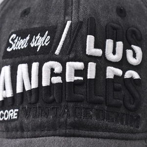 Dark grey washed denim baseball cap with Los Angeles vintage embroidery texture