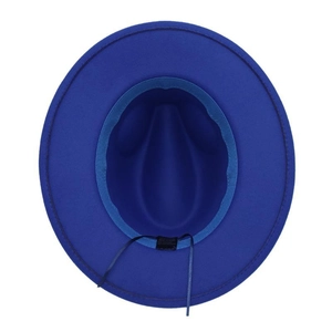 Interior view of royal blue fedora hat with adjustable inner strap and sweatband detail