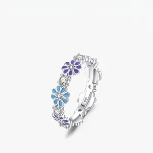 Daisy Flower Ring 925 Sterling Silver Enamel Zirconia Jewelry Sweet Cute Gift For Women