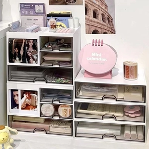 White stackable desktop organizer with transparent drawers and top storage compartments