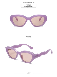 Detail view of purple rectangle sunglasses featuring unique wavy temples and champagne lenses