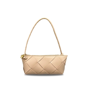 Close-up of beige woven leather handbag with gold hardware and top zipper closure