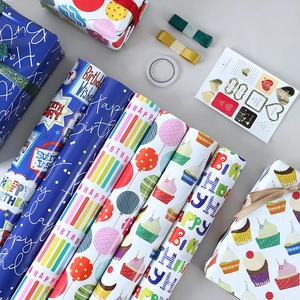 Birthday Wrapping Paper Double Sided Copperplate Happy Birthday Patterns Colorful Grid Backing Decorative Paper