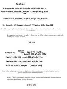 Detailed size chart for blazer and trousers set including bust, waist, and length measurements