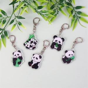 Set of five cute cartoon panda acrylic keychains with silver metal D-ring clasps