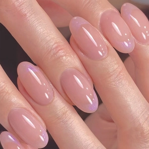 Faux Ongles Press-On French Tip Ovales Courts Aurora Paillettes Violet Rose Jelly Détachables Réutilisables Élégants Pour Femmes