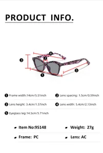 Detailed size chart for retro cat eye sunglasses showing frame width and lens dimensions