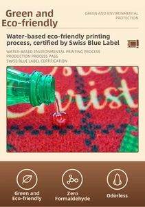 Détail du paillasson de Noël montrant l'impression écologique et la certification Bluesign