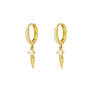 Gold cone hoop earrings with white zircon crystals in a modern minimalist style