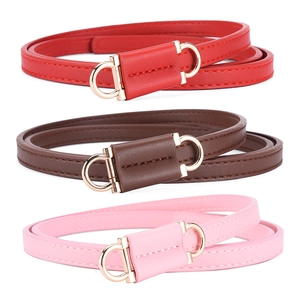 Three premium PU leather skinny belts for women featuring golden horseshoe buckles in three colors