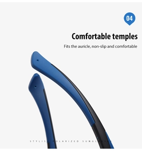 Detail of ergonomic blue and black non-slip temples on polarized sports sunglasses