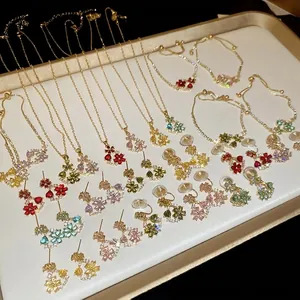 Elegant Flower Necklace Bracelet And Earrings 18K Gold Plated Copper With Colorful Zircon 925 Sterling Silver Earring Post