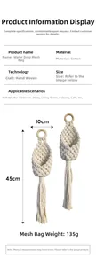 Detailed specs of hand-woven cotton teardrop net bag hanging planter, 10x45cm size