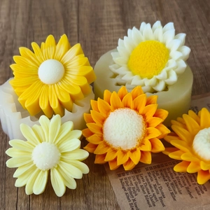 Silicone sunflower molds for DIY candles and soaps with finished floral samples